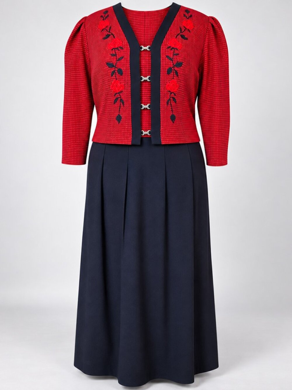 Ms Dorby Houndstooth Long Dress Embroidered Roses Red Black Size 18